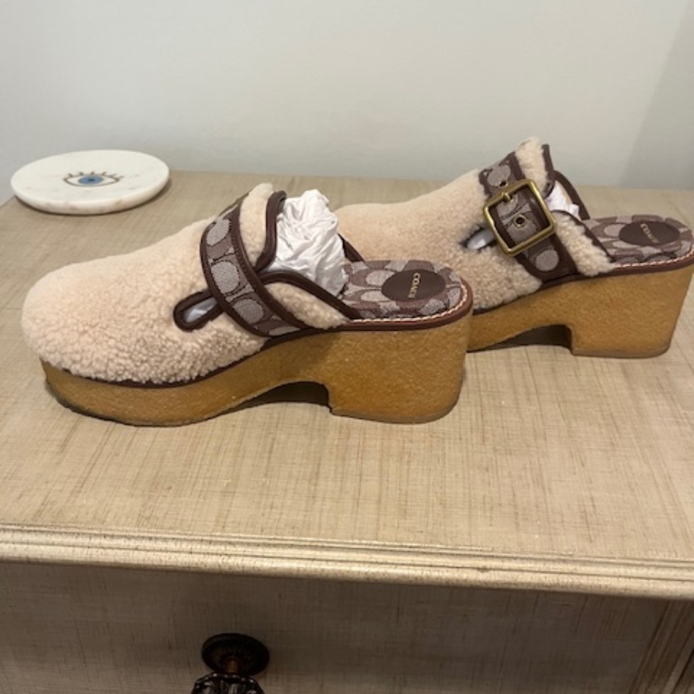 Coach Dylan Shearling, Jacquard and Leather Clogs
